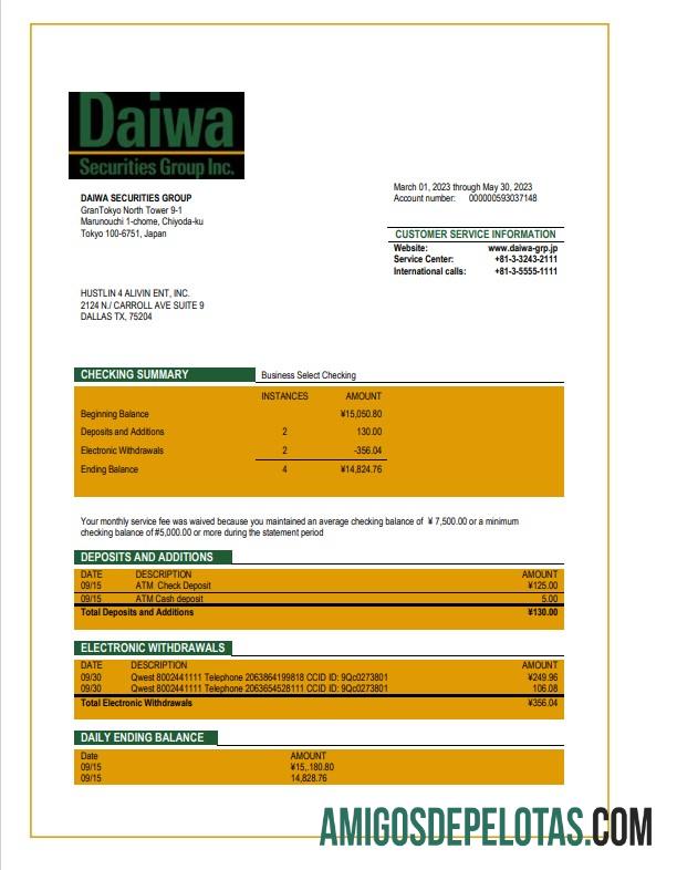Imprimível Daiwa Securities Group Business Bank Statement modelo Word e PDF